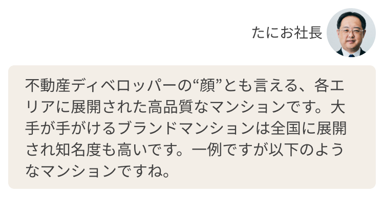 不動産ディベロッパーの＂顔＂とも言える、各エリアに展開された高品質なマンションです。デベロッパーとは、マンションやビル、ときには街全体の不動産を開発する専門業者のことで、大手が手がけるブランドマンションは全国に展開され知名度も高いです。一例ですが以下のようなマンションです。